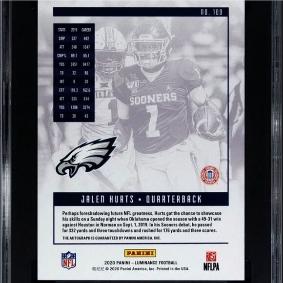 2020 Panini Luminance Jalen Hurts SGC 10 - rookie auto/199 - Picture 4 of 7